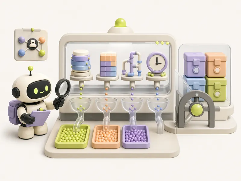 A robot through a transparent window measures sessions, memory, autostart, and schedules, sorting evidence, while archive boxes remain behind a closed gate