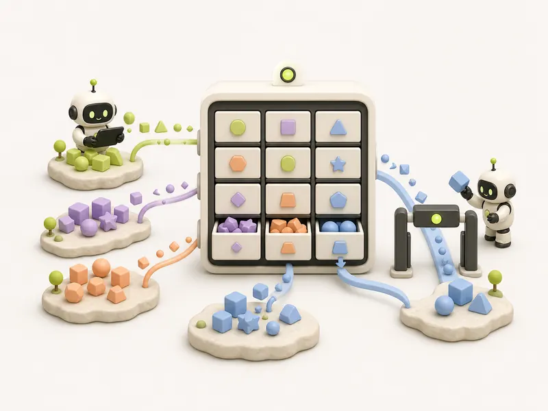 Robots gather geometric modules from different islands into a single catalog and direct a similar module into an existing drawer