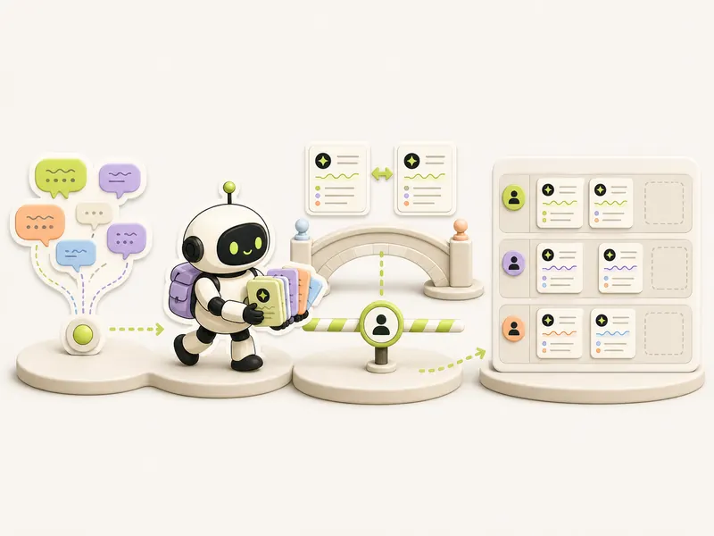 A robot carries proposed tasks from a conversation through duplicate checking and a human gate to the team board
