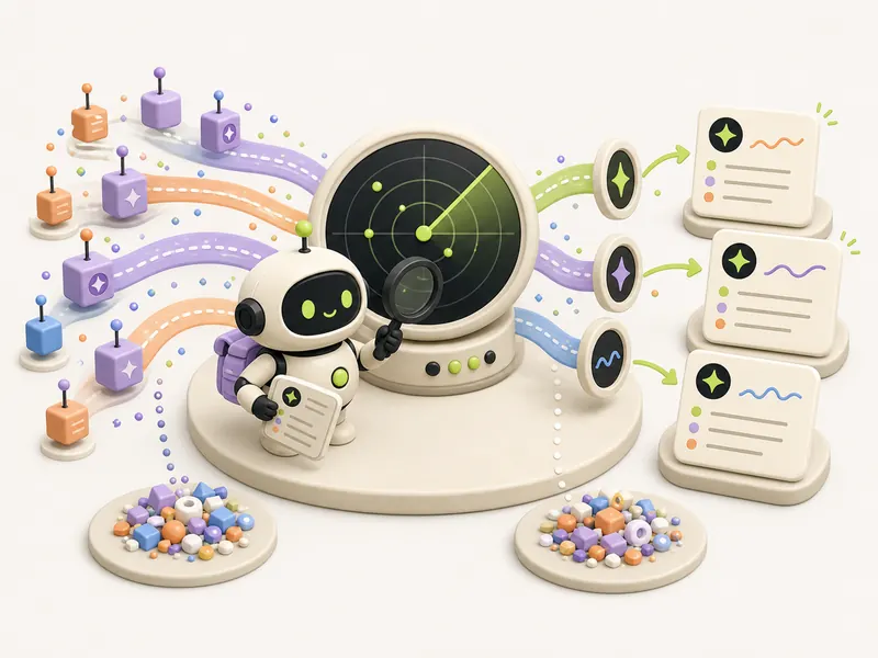 A robot filters colored public signals through a radar and outputs several verifiable trend cards